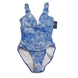Lauren Ralph Lauren Artisanal Woodblock Ruffle One Piece Blue Swimsuit 14 New